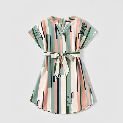 Family Matching! Geometric Drop Shoulder Belted Dresses & T-shirts