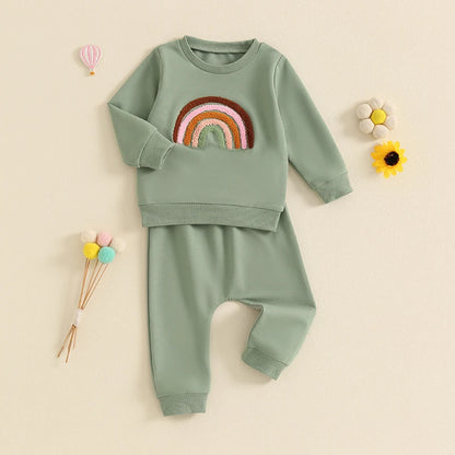 2-Piece Outfits! Girl's Embroidered Rainbow Sweatshirt & Pants Sets