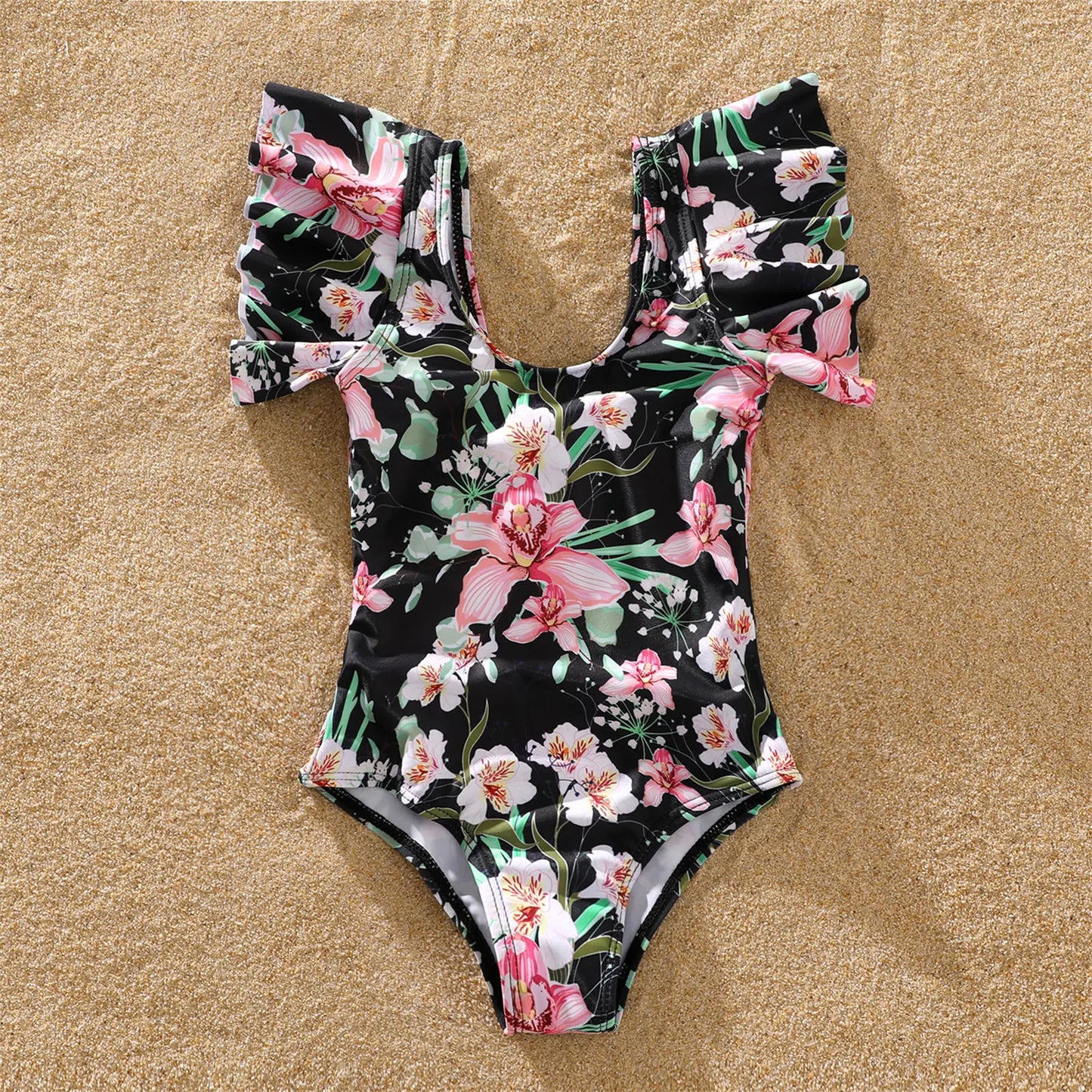 Family Matching!  Floral Swim Trunks Shorts and Ruffle-sleeve Belted One Piece Swimsuit