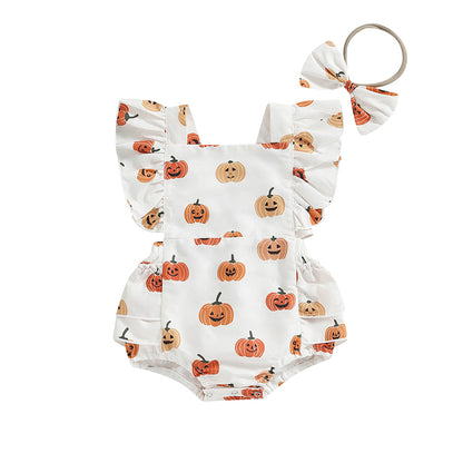 2-Piece Halloween Outfits! Girl’s Long Sleeve Pumpkin Sweatshirt Rompers & Headband Sets