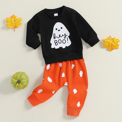 2-Piece Halloween Outfits! Boy's & Girl's "Hey Boo" Ghost Sweatshirt & Pants Sets