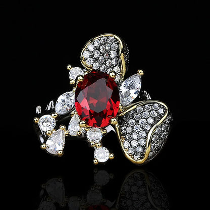 Black & Gold Style Two-Flower Ruby-Zircon Rings