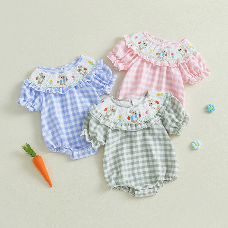 Girl's Plaid Easter Bunny Carrot Shirred Rompers