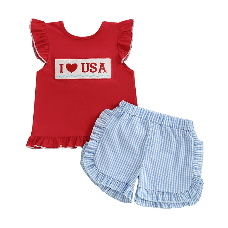 Girl's 2-Piece Embroidered 4th of July Fly Sleeve Tops & Plaid Ruffled Shorts Sets