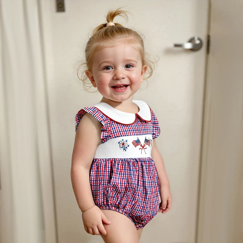 Girl's Embroidered 4th of July Plaid Doll Collar Rompers