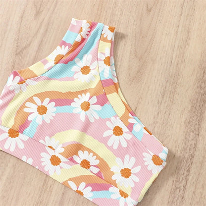 Baby Girls Swimsuits Rainbow Floral Print Bikini Set Sleeveless Bathing Suit Clothes