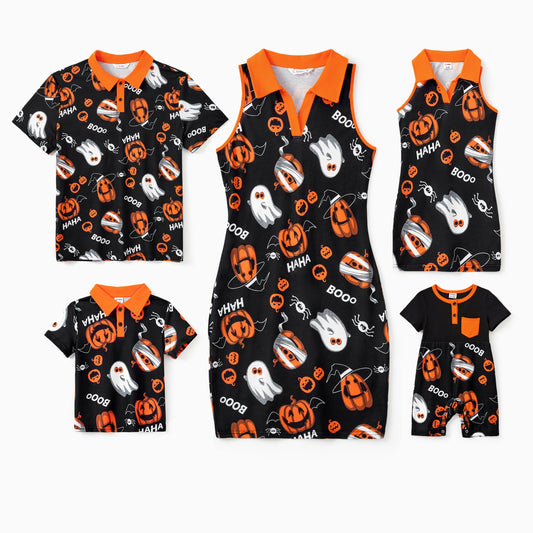 Family Matching! Halloween Pumpkin Ghost Spiderweb Polo Shirts or Ruched Sleeveless Dresses