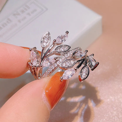 Winding Interweaving Leaf Rings Flower Vine Octagonal Flower Zircon Ring