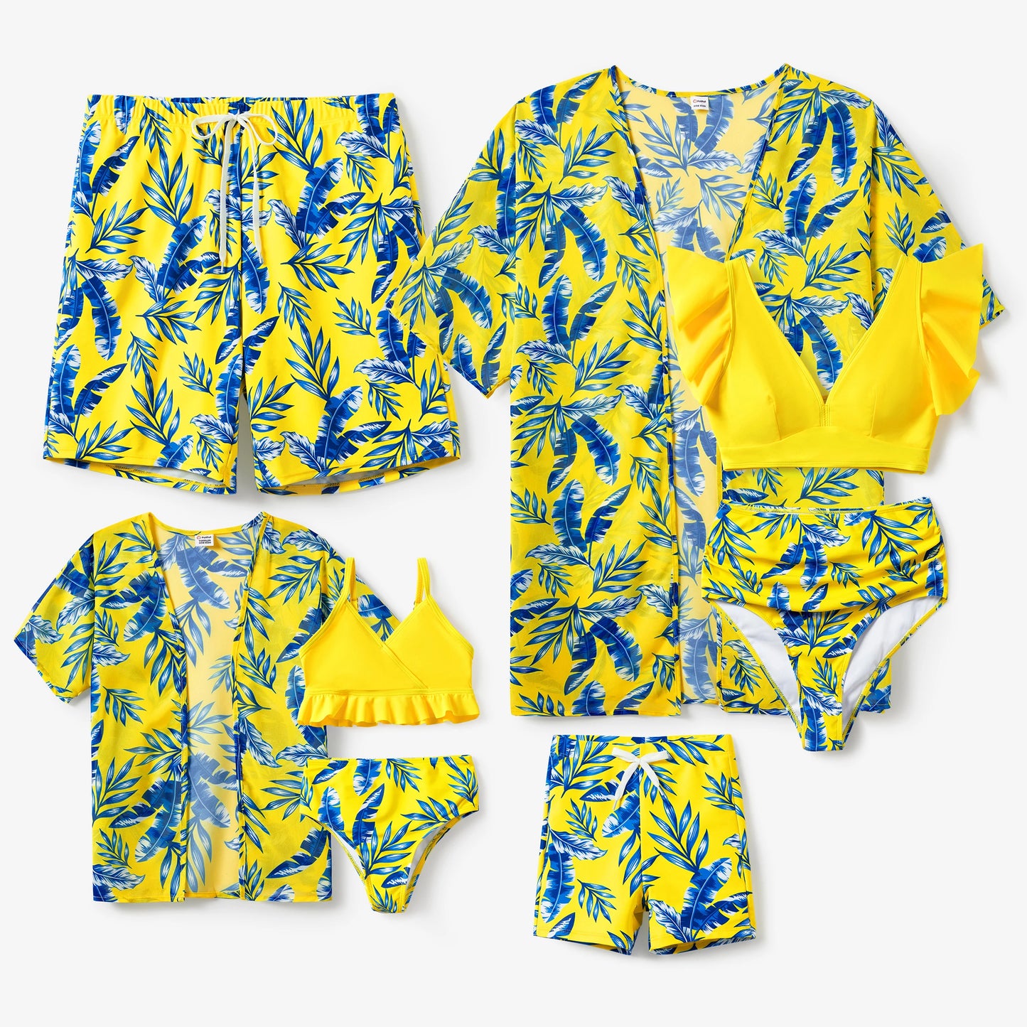 Family Matching! Yellow Leaf Flutter Sleeve Bikini Swimsuits & Trunks (optional cover-up)