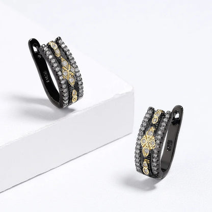 Classic Black & Gold Style Geometric Zircon Earrings