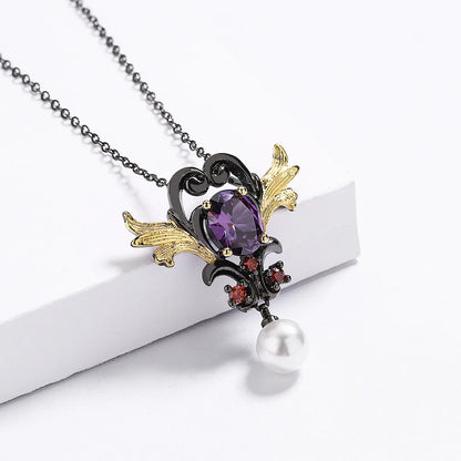 Black & Gold Style Two-Necklace with Purple Zircon Pearl Pendant Love Necklace Chain