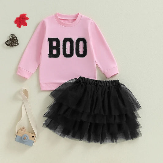 Girl's Halloween 2-Piece Embroidered "Boo" Sweatshirts & Tulle Skirts Sets