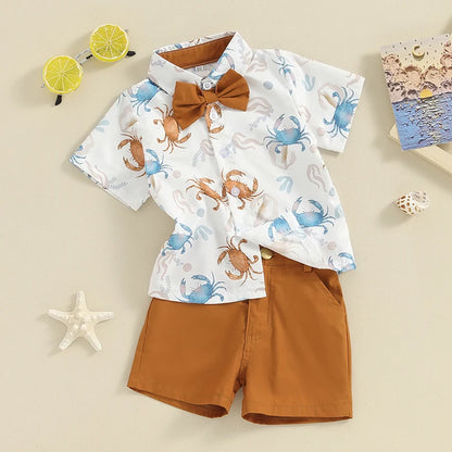 2-Piece Outfits! Boy's Rabbit & Ocean Print Button-Up Bow-Tie Collar Shirts  & Shorts Sets