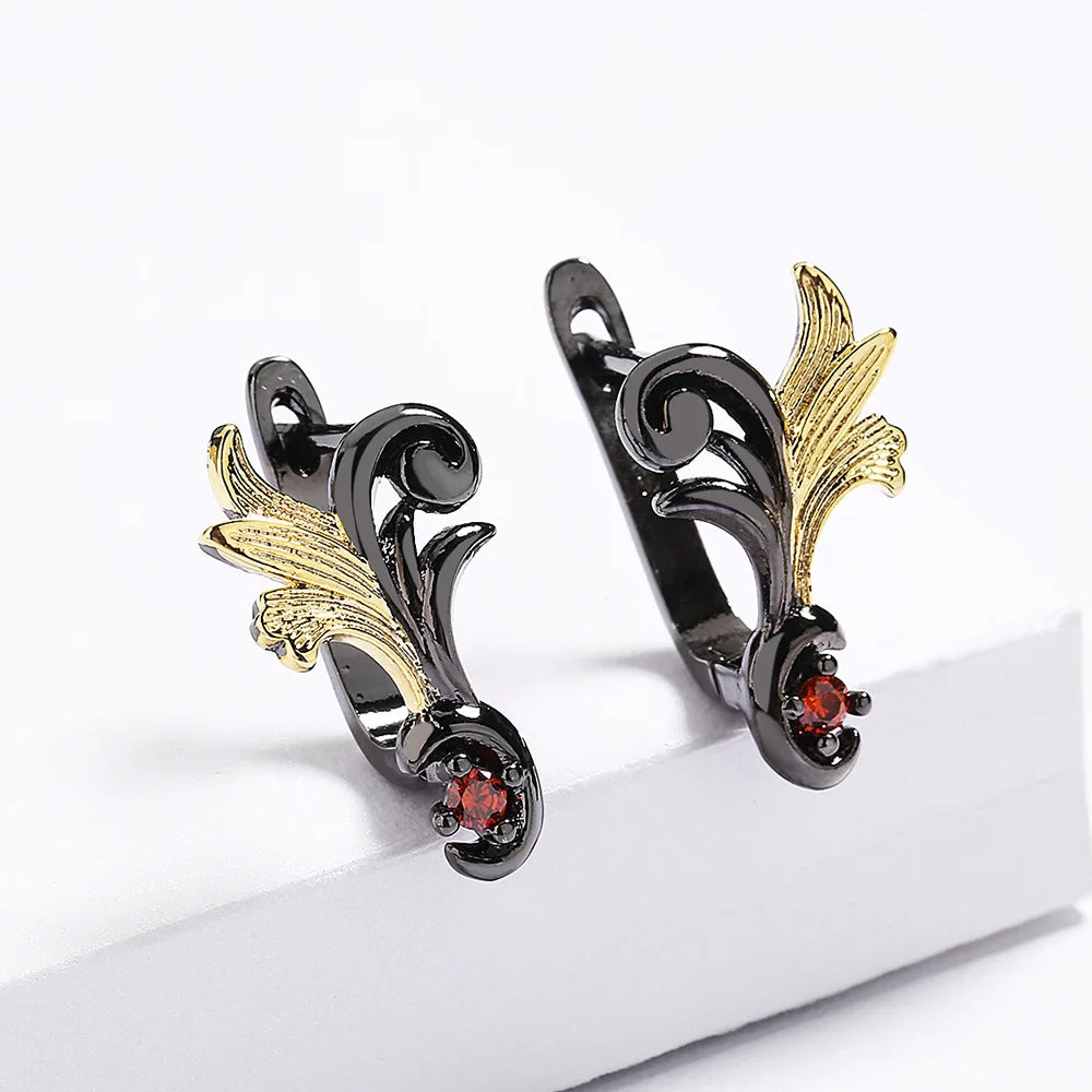 Black & Gold Style Red Zircon Leaf Earrings