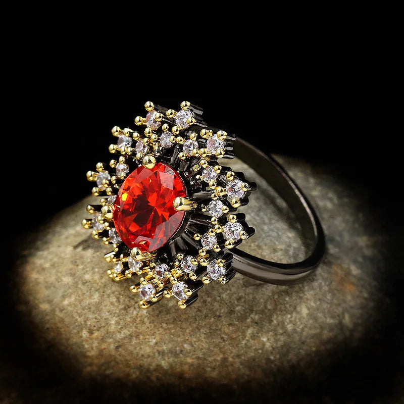 Red Zircon Black & Gold Style Sunflower Cocktail Rings