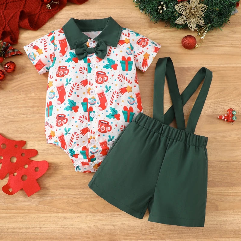 2-Piece Christmas Outfits! Boy’s Short Sleeve Onesies, Shorts, Bib Overalls & Bow-Tie Sets