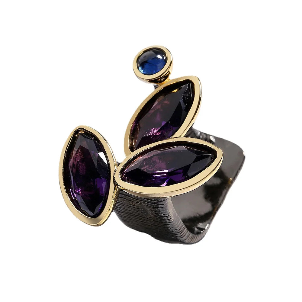 3-piece Purple Amethyst Zircon Black & Gold Style Rings, Necklace & Earrings Sets