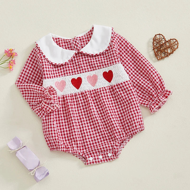 Girl's Embroidered Doll Collar Heart Rompers