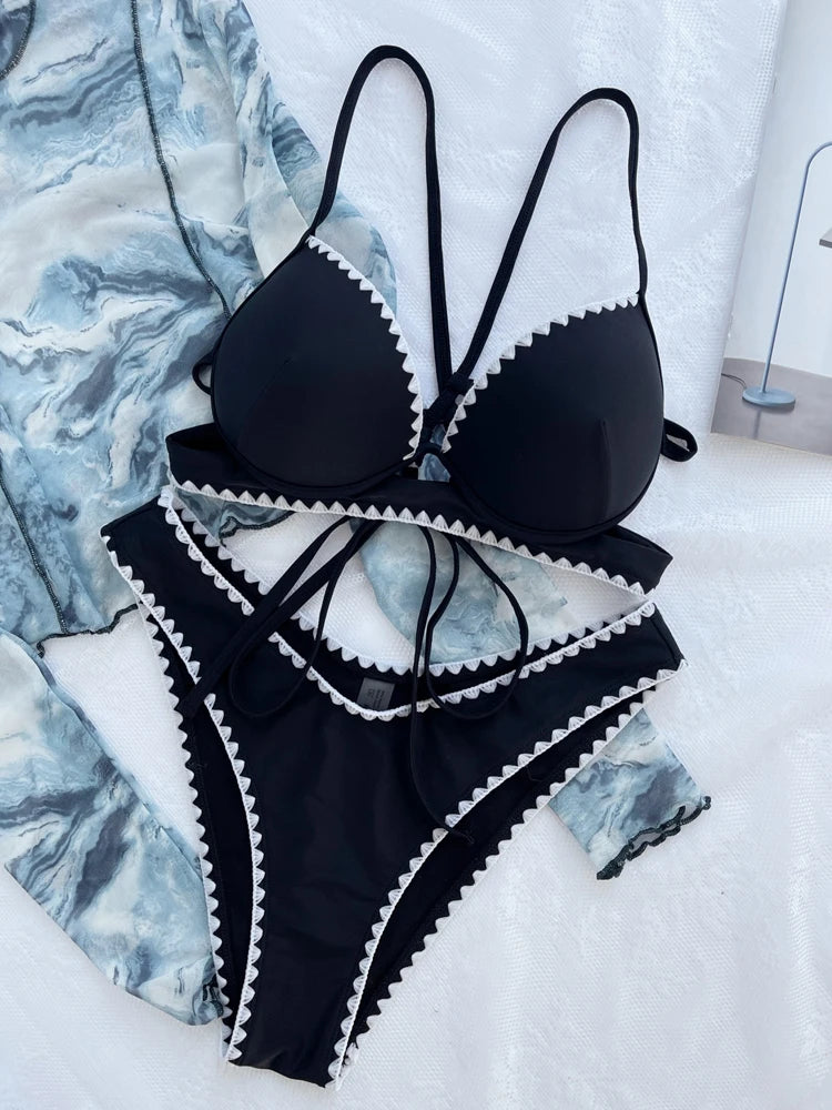 Black Strapped Bikini High Cut Push Up SwimsuitCross Hollow Swimwear Beach Backless Bathing Suit