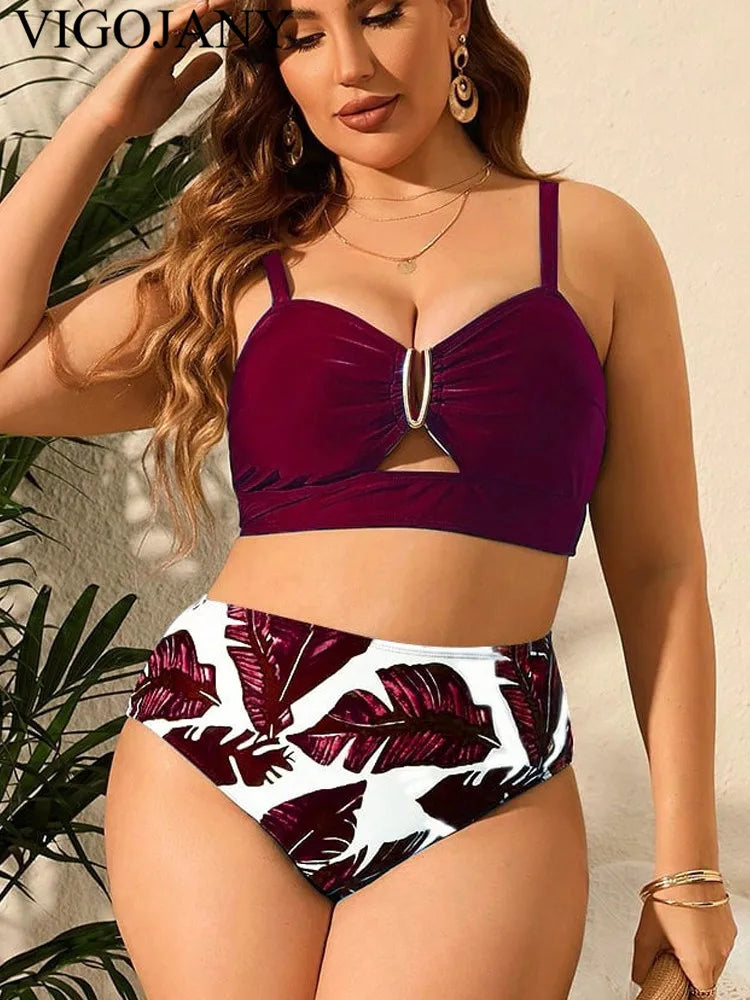 Sexy Strapped 2 Piece Plus Bikini SetHollow Push Up Swimsuit High Waist Bathing Suit