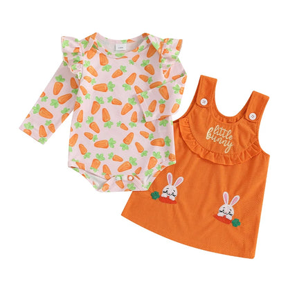 Girl's Easter Carrot Ruffle Romper Overall Dresses