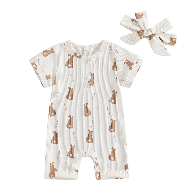 Girl's Short Sleeve Bunny Romper & Bow Headband Sets