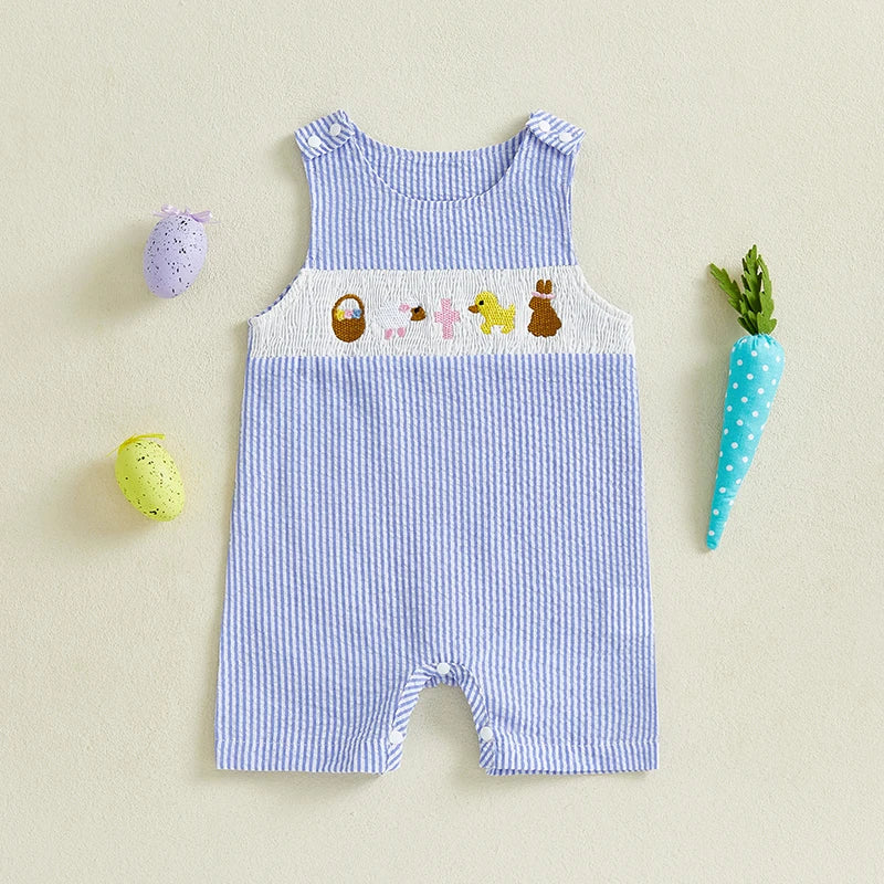 Boy's Sleeveless Plaid, Striped Easter Bunny Rompers