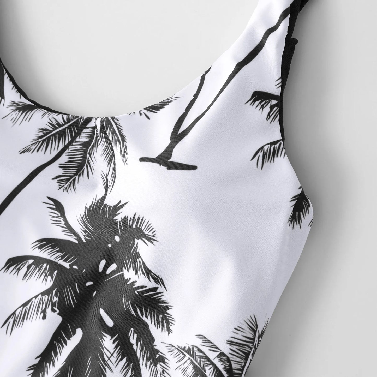Family Matching! Black & White Palm Tree One Piece Swimsuits & Trunks