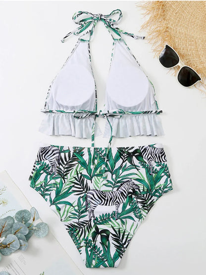 Print Tied Halter 2 Piece Plus BikiniVerge Push Up Swimsuit High Waist Bathing Suit