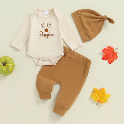 3-Piece Halloween Outfits! Boy’s Long Sleeve Embroidered Pumpkin Onesies, Pants & Hat Sets