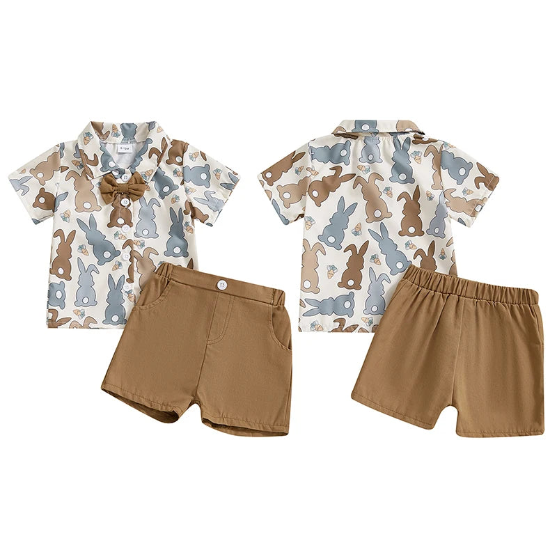 Boy's Easter Bunny Button-up Bow Tie Shirt & Shorts