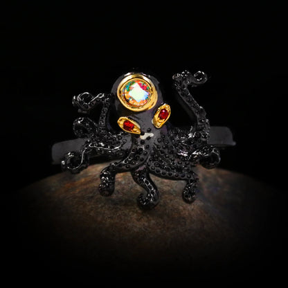 Men's Octopus Tentacles Black & Gold Style Rings Red Zircon Rings High