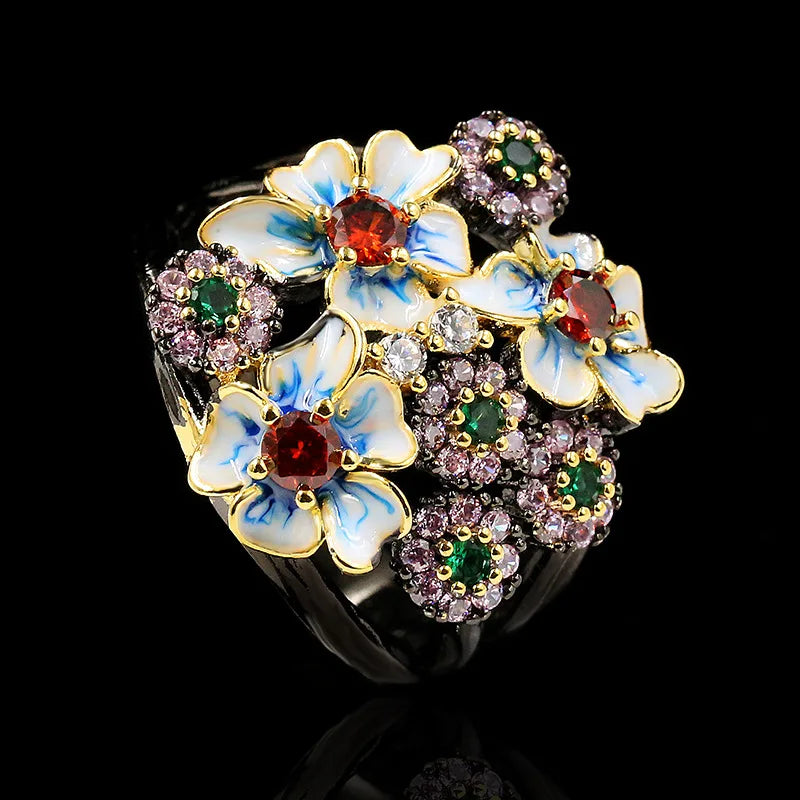 Gorgeous Black & Gold Style Rings Flower Rings Zircon Enamel Flower Ring