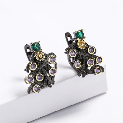 Purple Zircon Flower Earrings Classic Black & Gold Style Earrings