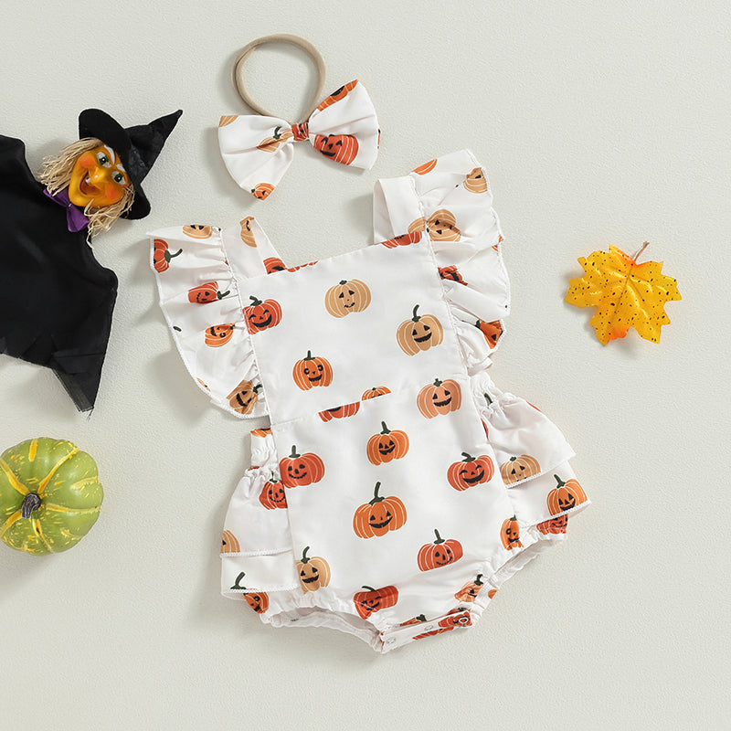 2-Piece Halloween Outfits! Girl’s Long Sleeve Pumpkin Sweatshirt Rompers & Headband Sets