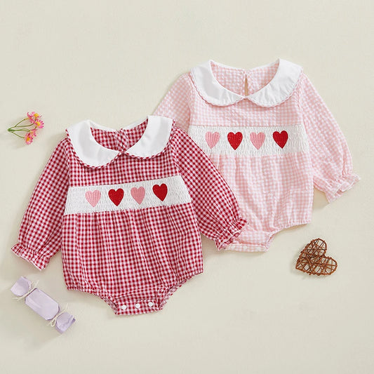 Girl's Embroidered Doll Collar Heart Rompers
