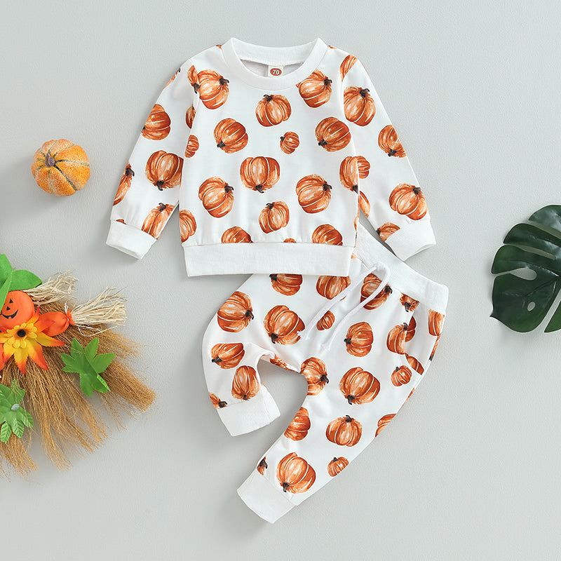 2-Piece Halloween Outfits! Girl’s & Boy’s Long Sleeve Pumpkin Sweatshirt & Pants Sets