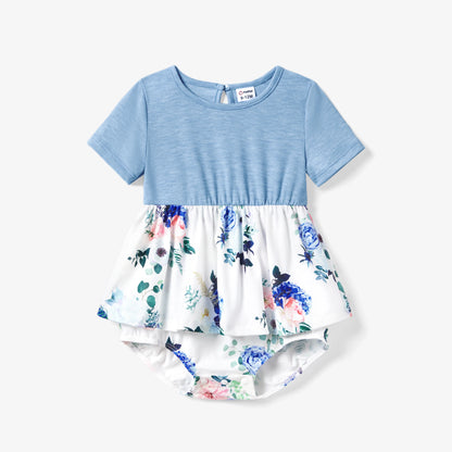 Family Matching! Floral Color Block T-Shirt & Quarter Button Belted Spliced A-Line Dress Sets