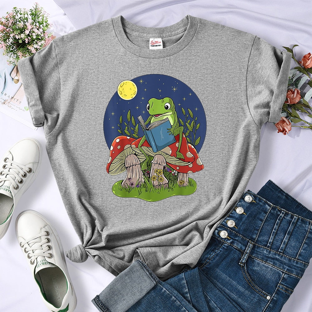 Night Frog Mushroom Book Graphic Tees Short Sleeve T-shirts