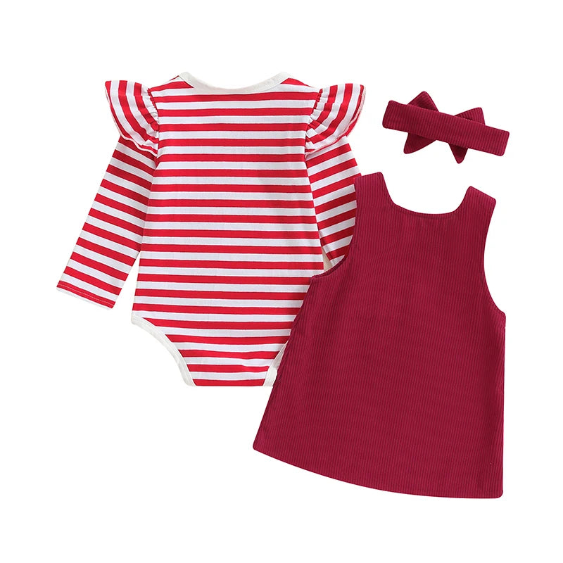 3-Piece Christmas Outfits! Girl’s Embroidered Onesies, Overall Dresses & Bow Headband Sets