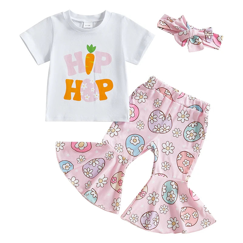 Girl's "Hip Hop" Easter T-Shirts, Flare Pants & Bow Headband Sets