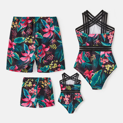 Family Matching! Swimwear Plant Crisscross One Piece Swimwear & Trunks