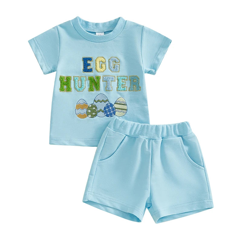 Boy's Easter Shorts Embroidered Eggs T-shirt & Shorts