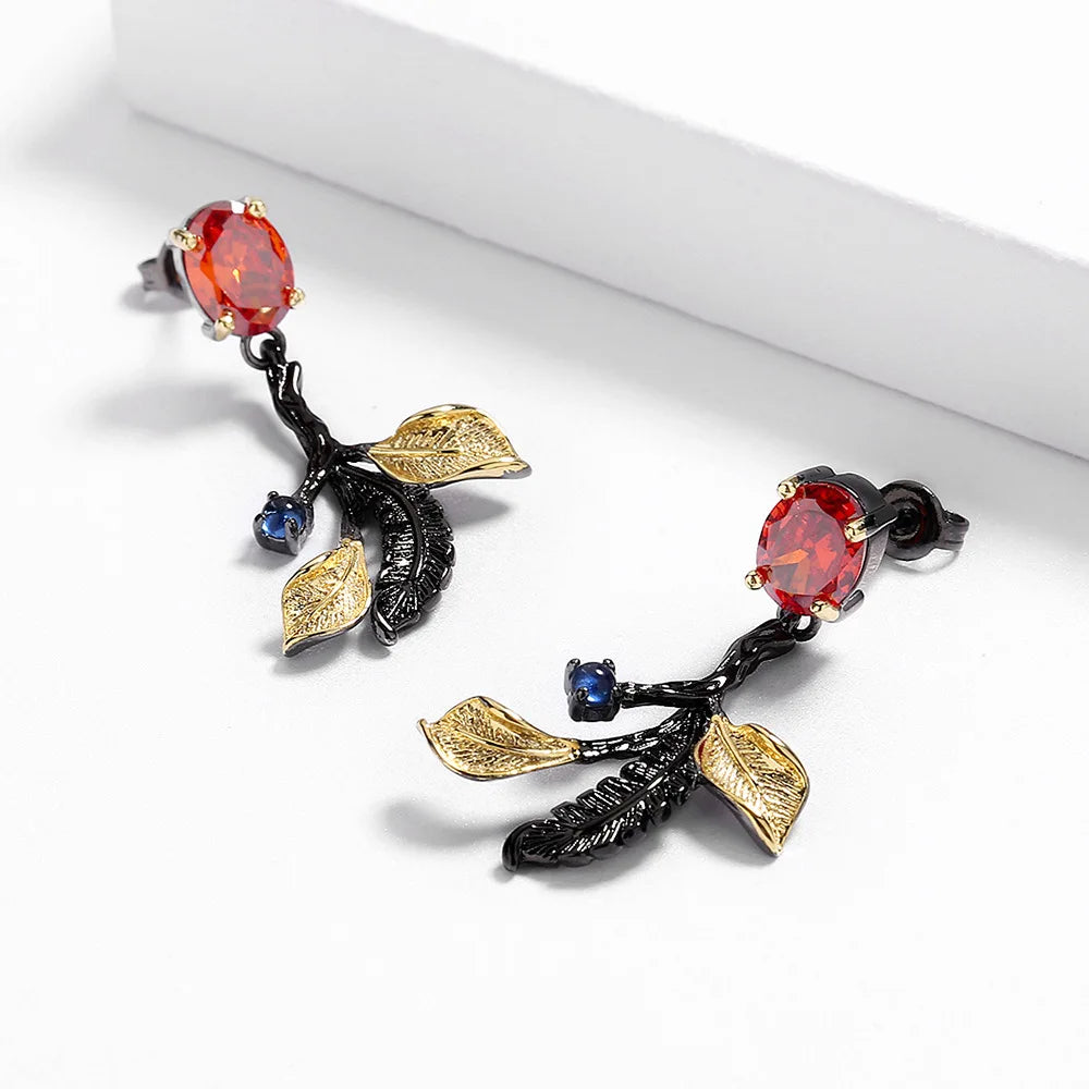 Classic Black & Gold Style Leaf Red Zircon Earrings