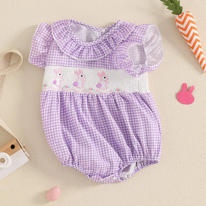 Girl's Embroidered Easter Bunny Plaid Ruffled Rompers