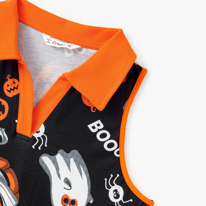 Family Matching! Halloween Pumpkin Ghost Spiderweb Polo Shirts or Ruched Sleeveless Dresses