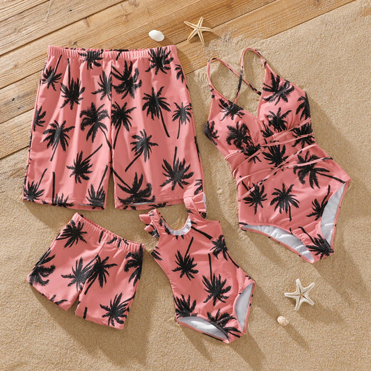 Family Matching! Swimsuit All Over Coconut Tree Print Pink Swim Trunks Shorts & Spaghetti Strap One-Piece Swimsuit