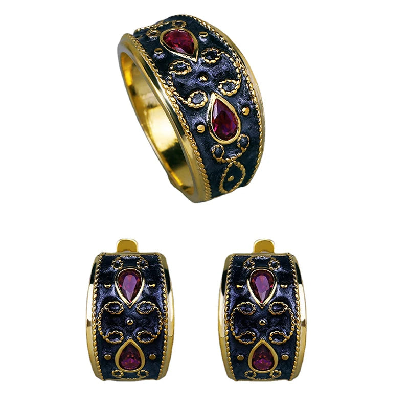 2-Piece Vintage Ruby-Zircon Black & Gold Style Ring & Earrings Sets