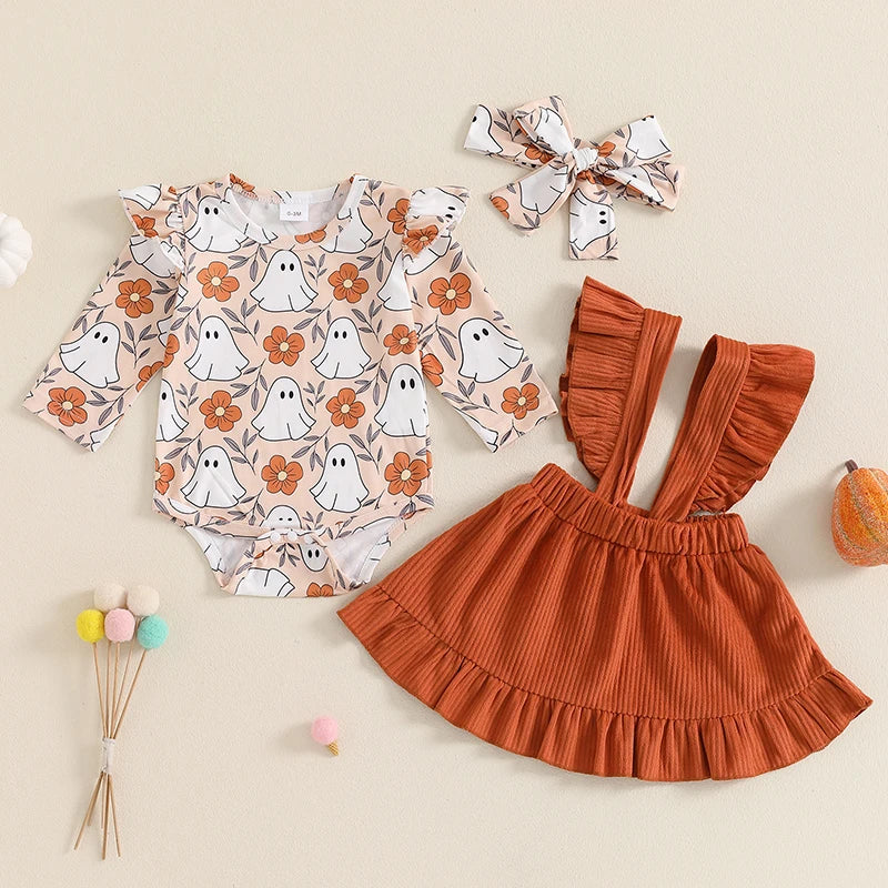 3-Piece Halloween Outfits! Girl’s Long Sleeve Ghost Rompers, Bibs, Skirt, overalls & Headband Sets