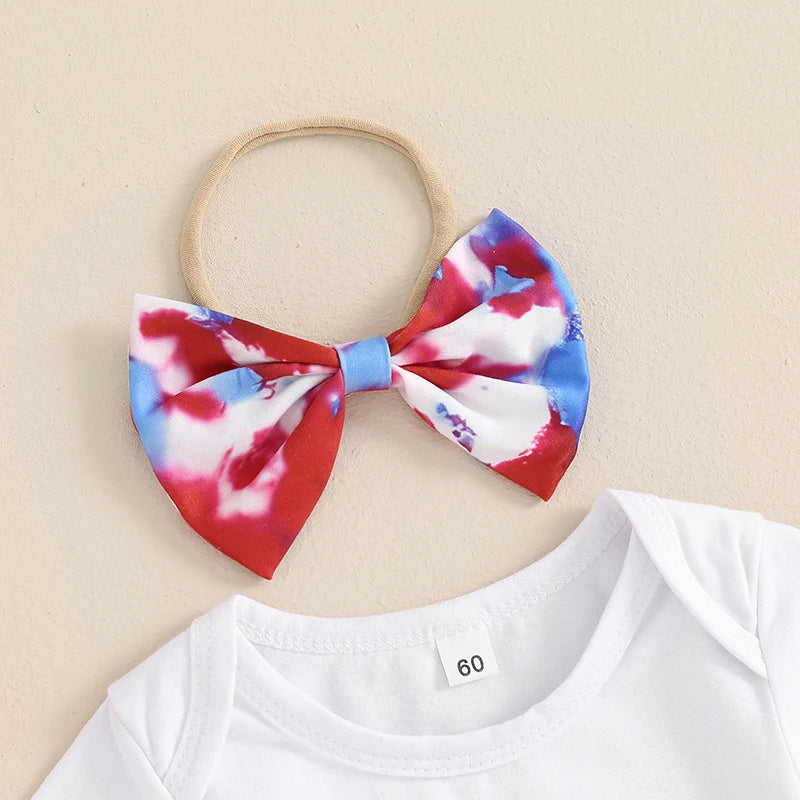 Girl's 3-Piece "Mommy & Daddy's Little Firecracker" 4th of July Onesie, Tie-Dye Pants & Bow Headband Sets